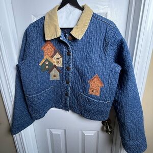 Old School Quilted corduroy Blue Jacket Embroidery Womens L Scholar Feminine